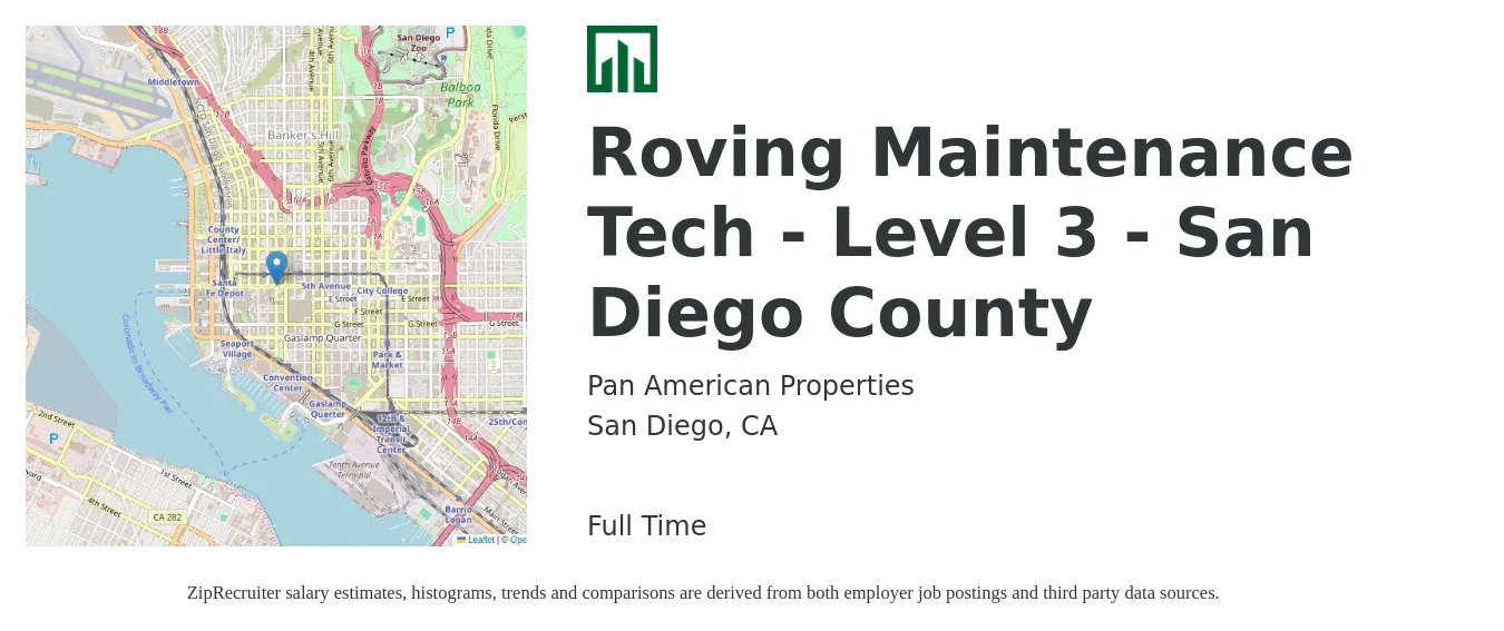Pan American Properties job posting for a Roving Maintenance Tech - Level 3 - San Diego County in San Diego, CA with a salary of $21 to $29 Hourly with a map of San Diego location.