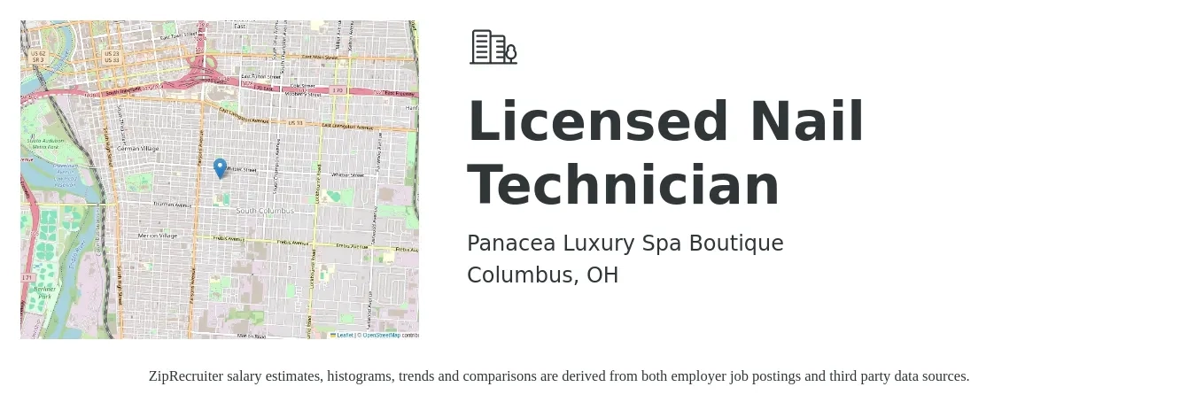 Panacea Luxury Spa Boutique job posting for a Licensed Nail Technician in Columbus, OH with a salary of $16 to $24 Hourly with a map of Columbus location.