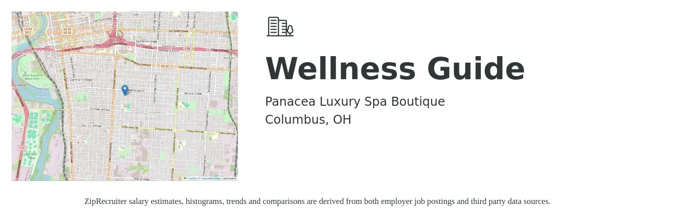Panacea Luxury Spa Boutique job posting for a Wellness Guide in Columbus, OH with a salary of $38,600 to $39,600 Yearly with a map of Columbus location.