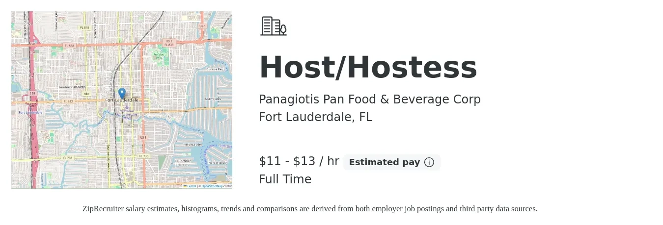 Panagiotis Pan Food & Beverage Corp job posting for a Host/Hostess in Fort Lauderdale, FL with a salary of $12 to $14 Hourly with a map of Fort Lauderdale location.