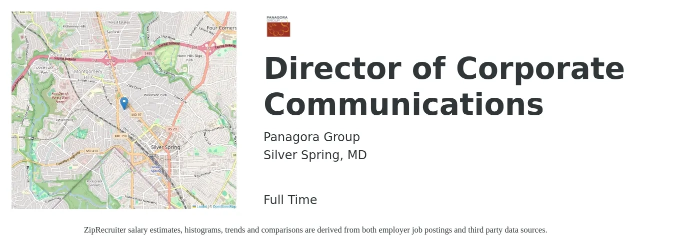 Panagora Group job posting for a Director of Corporate Communications in Silver Spring, MD with a salary of $98,400 to $211,800 Yearly with a map of Silver Spring location.