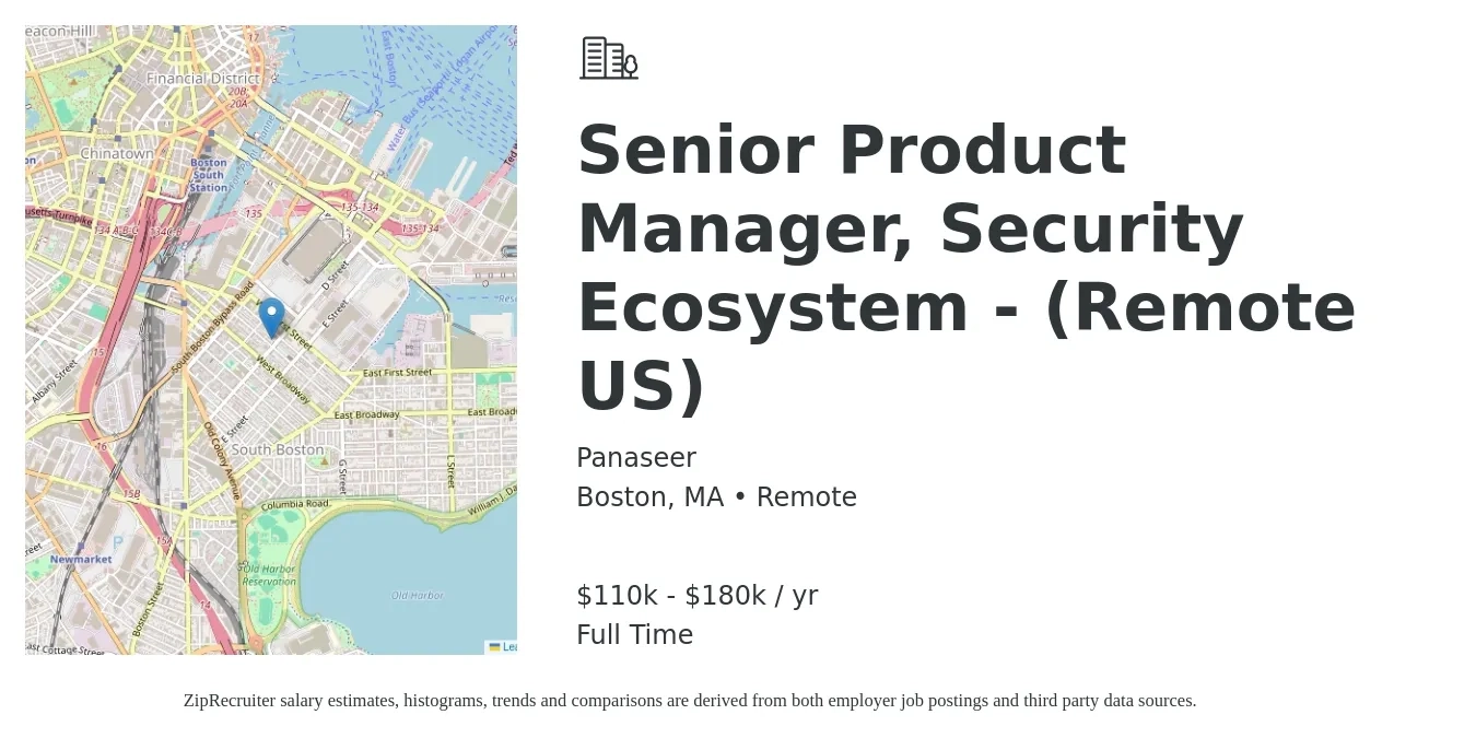 Panaseer job posting for a Senior Product Manager, Security Ecosystem - (Remote US) in Boston, MA with a salary of $110,000 to $180,000 Yearly with a map of Boston location.