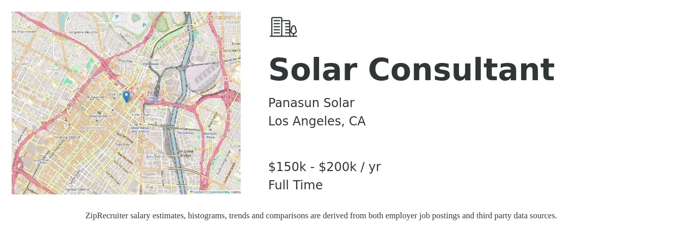 Panasun Solar job posting for a Solar Consultant in Los Angeles, CA with a salary of $150,000 to $200,000 Yearly with a map of Los Angeles location.