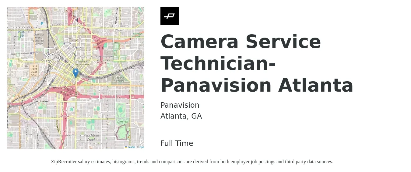 Panavision job posting for a Camera Service Technician- Panavision Atlanta in Atlanta, GA with a salary of $20 to $24 Hourly with a map of Atlanta location.
