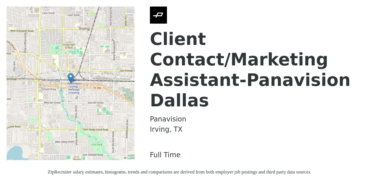 Panavision job posting for a Client Contact/Marketing Assistant-Panavision Dallas in Irving, TX with a salary of $15 to $20 Hourly with a map of Irving location.