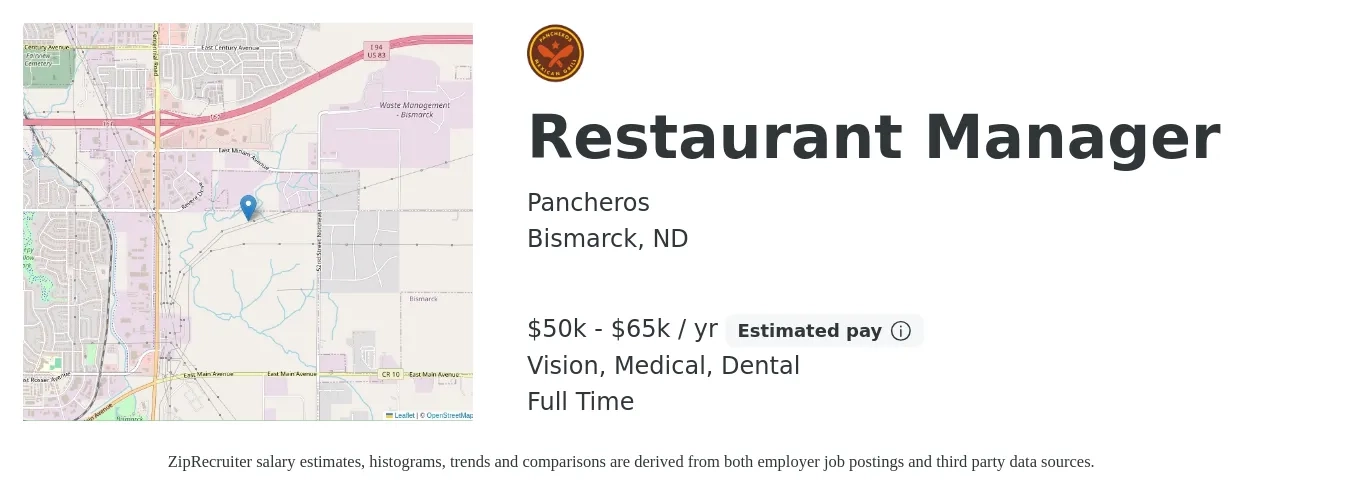 Pancheros job posting for a Restaurant Manager in Bismarck, ND with a salary of $50,000 to $65,000 Yearly (plus commission) and benefits including life_insurance, medical, pto, retirement, vision, and dental with a map of Bismarck location.