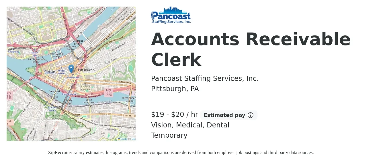 Pancoast Staffing Services, Inc. job posting for a Accounts Receivable Clerk in Pittsburgh, PA with a salary of $20 to $21 Hourly and benefits including dental, medical, and vision with a map of Pittsburgh location.