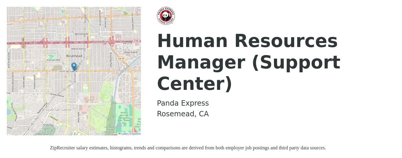Panda Express job posting for a Human Resources Manager (Support Center) in Rosemead, CA with a salary of $70,300 to $101,900 Yearly with a map of Rosemead location.
