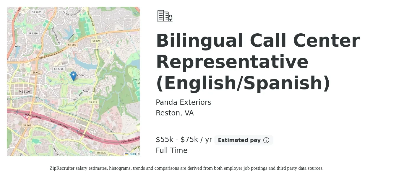 Panda Exteriors job posting for a Bilingual Call Center Representative (English/Spanish) in Reston, VA with a salary of $55,000 to $75,000 Yearly with a map of Reston location.