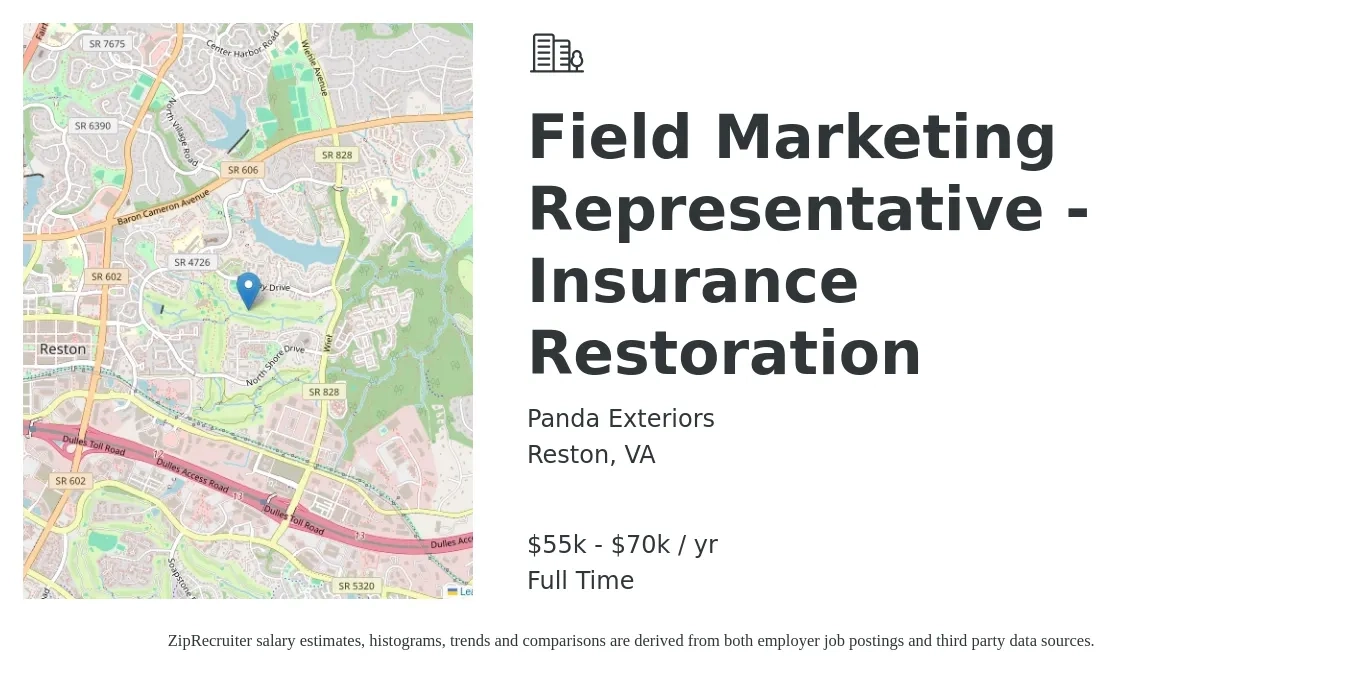 Panda Exteriors job posting for a Field Marketing Representative - Insurance Restoration in Reston, VA with a salary of $55,000 to $70,000 Yearly with a map of Reston location.