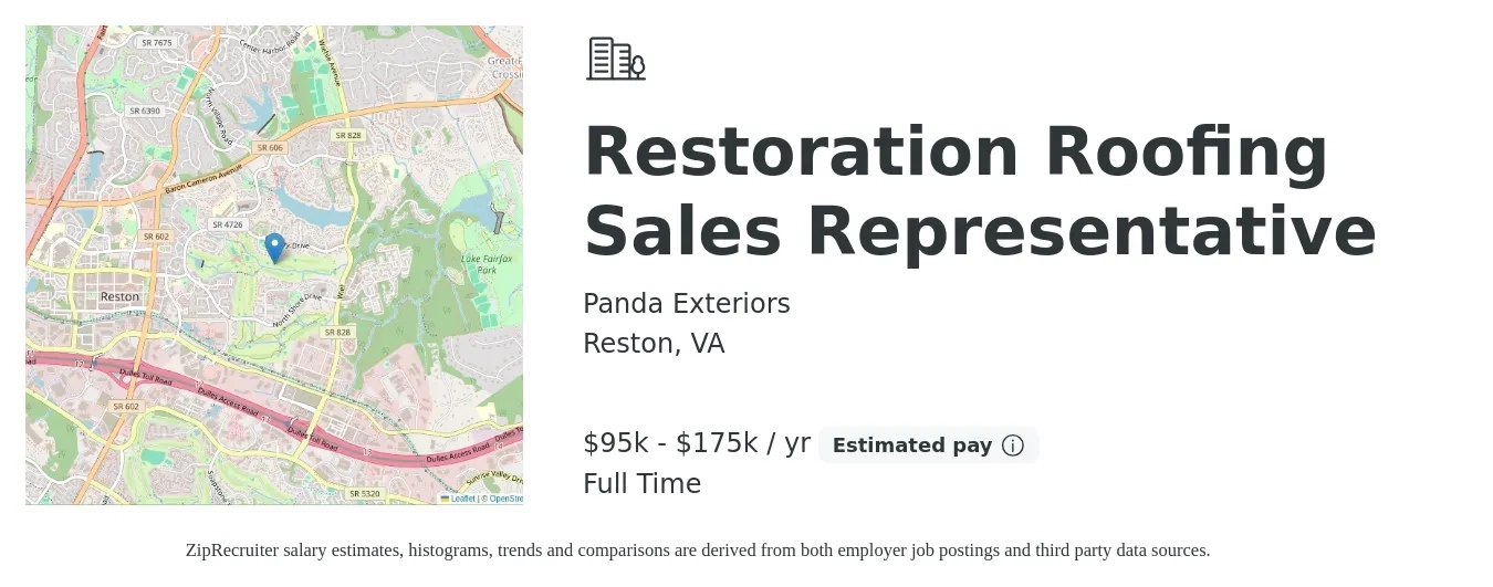 Panda Exteriors job posting for a Restoration Roofing Sales Representative in Reston, VA with a salary of $95,000 to $175,000 Yearly with a map of Reston location.