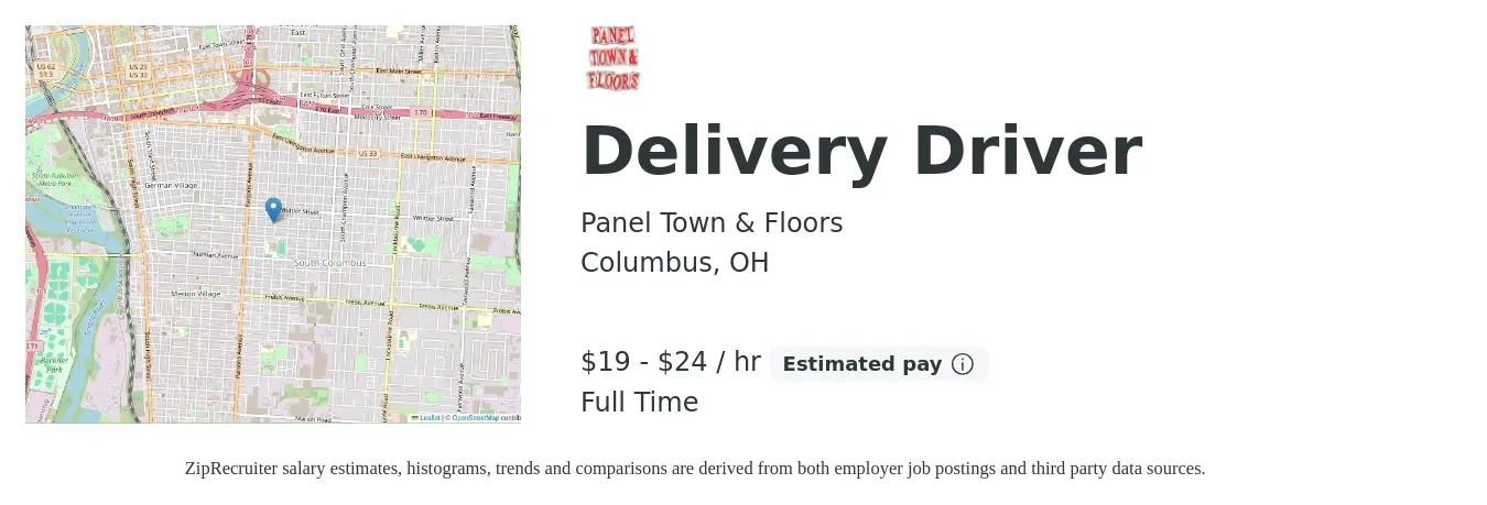 Panel Town & Floors job posting for a Delivery Driver in Columbus, OH with a salary of $17 to $19 Hourly with a map of Columbus location.