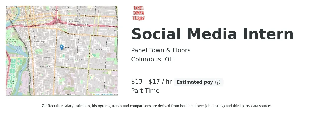 Panel Town & Floors job posting for a Social Media Intern in Columbus, OH with a salary of $14 to $18 Hourly with a map of Columbus location.