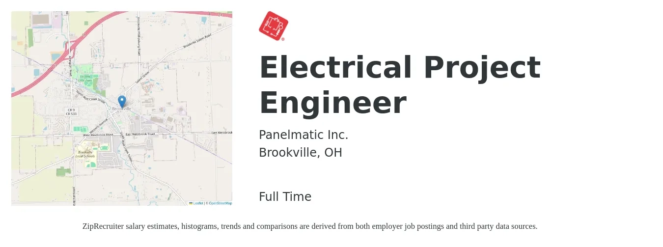 Panelmatic Inc. job posting for a Electrical Project Engineer in Brookville, OH with a salary of $82,900 to $113,000 Yearly with a map of Brookville location.