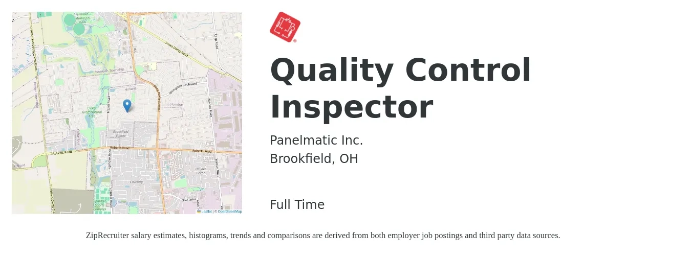 Panelmatic Inc. job posting for a Quality Control Inspector in Brookfield, OH with a salary of $17 to $24 Hourly with a map of Brookfield location.