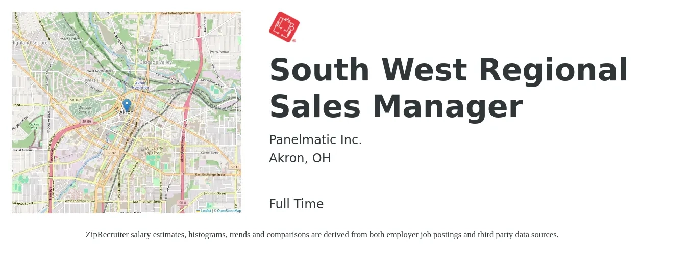 Panelmatic Inc. job posting for a South West Regional Sales Manager in Akron, OH with a salary of $68,900 to $107,600 Yearly with a map of Akron location.