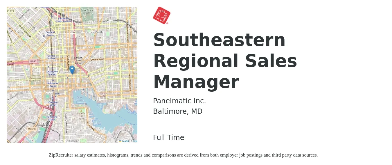 Panelmatic Inc. job posting for a Southeastern Regional Sales Manager in Baltimore, MD with a salary of $71,500 to $111,800 Yearly with a map of Baltimore location.