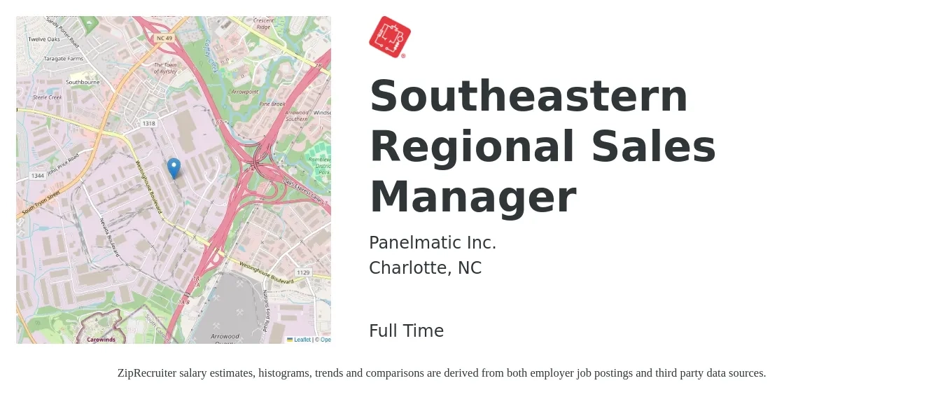 Panelmatic Inc. job posting for a Southeastern Regional Sales Manager in Charlotte, NC with a salary of $70,300 to $109,900 Yearly with a map of Charlotte location.