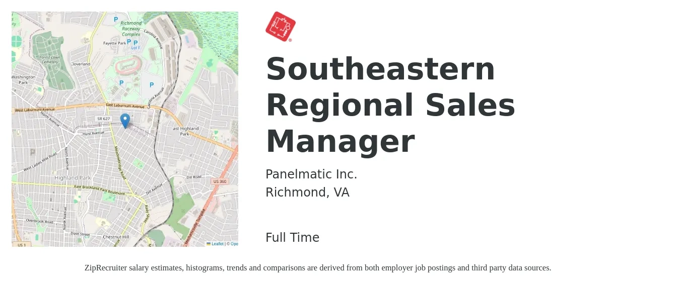 Panelmatic Inc. job posting for a Southeastern Regional Sales Manager in Richmond, VA with a salary of $70,500 to $110,100 Yearly with a map of Richmond location.