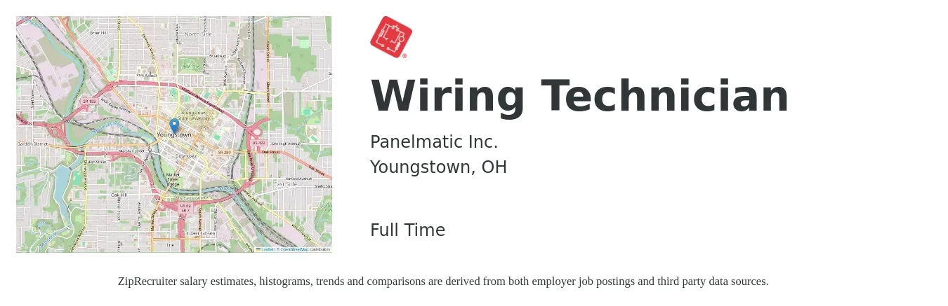 Panelmatic Inc. job posting for a Wiring Technician in Youngstown, OH with a salary of $18 to $25 Hourly with a map of Youngstown location.