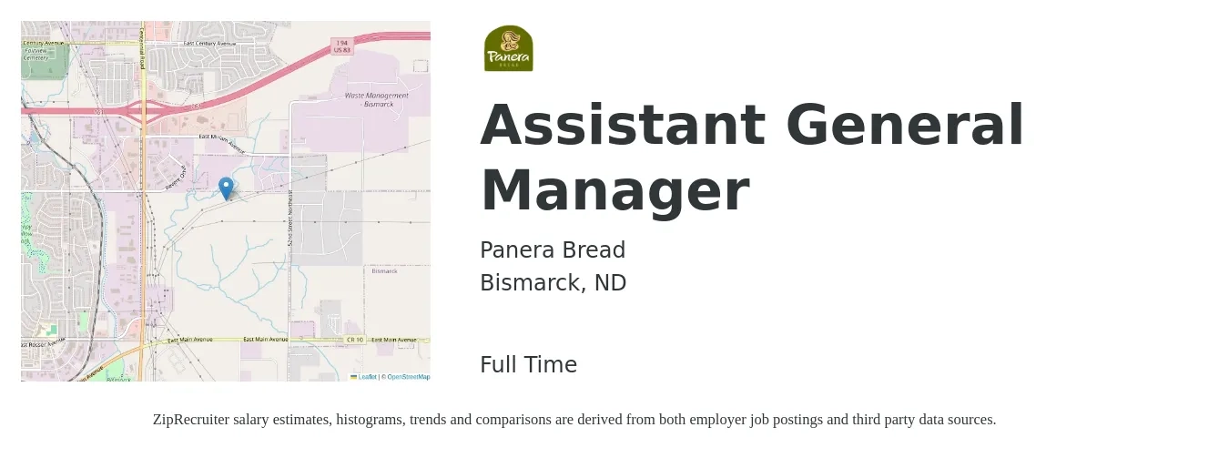 Panera Bread job posting for a Assistant General Manager in Bismarck, ND with a salary of $16 to $25 Hourly with a map of Bismarck location.
