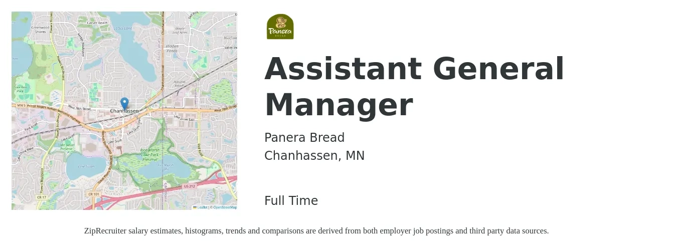 Panera Bread job posting for a Assistant General Manager in Chanhassen, MN with a salary of $16 to $26 Hourly with a map of Chanhassen location.