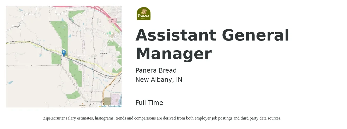 Panera Bread job posting for a Assistant General Manager in New Albany, IN with a salary of $15 to $23 Hourly with a map of New Albany location.
