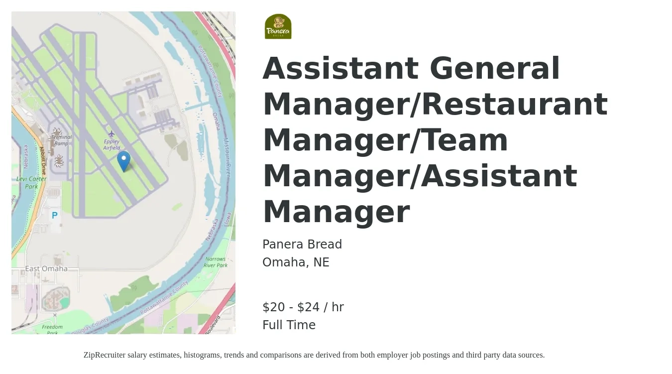 Panera Bread job posting for a Assistant General Manager/Restaurant Manager/Team Manager/Assistant Manager in Omaha, NE with a salary of $22 to $26 Hourly with a map of Omaha location.