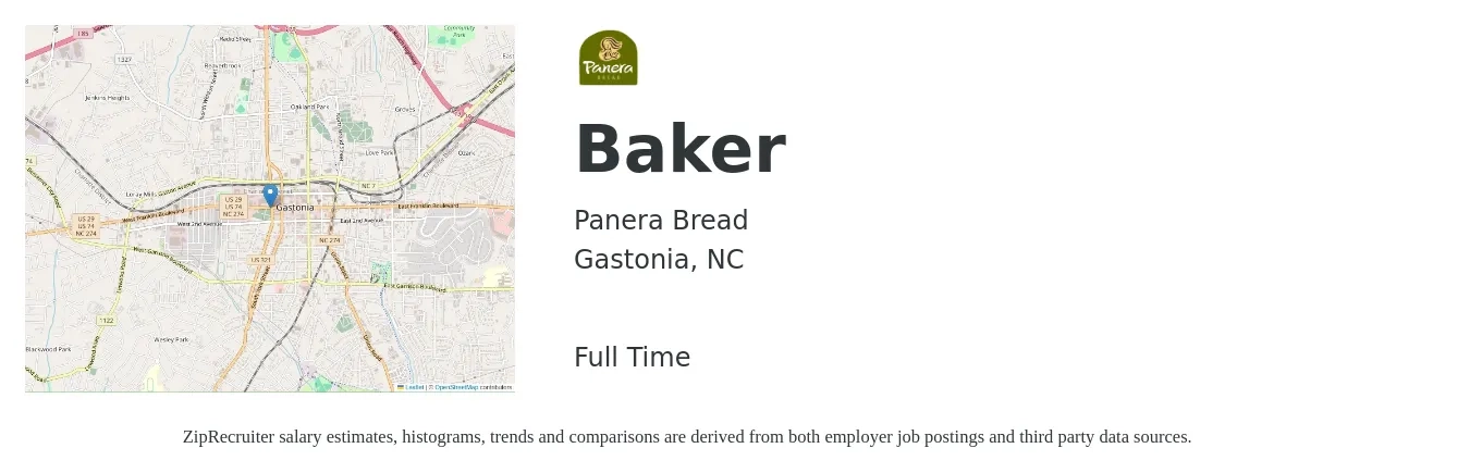 Panera Bread job posting for a Baker in Gastonia, NC with a salary of $11 to $14 Hourly with a map of Gastonia location.