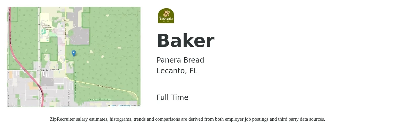 Panera Bread job posting for a Baker in Lecanto, FL with a salary of $10 to $12 Hourly with a map of Lecanto location.