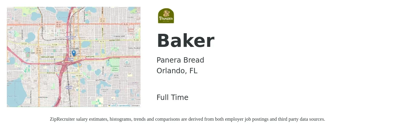 Panera Bread job posting for a Baker in Orlando, FL with a salary of $11 to $14 Hourly with a map of Orlando location.