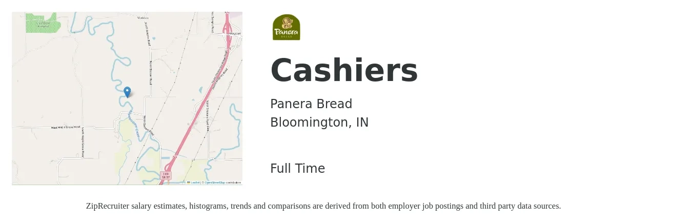 Panera Bread job posting for a Cashiers in Bloomington, IN with a salary of $10 to $14 Hourly with a map of Bloomington location.