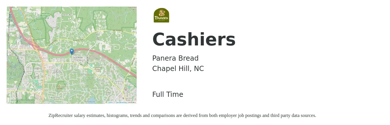 Panera Bread job posting for a Cashiers in Chapel Hill, NC with a salary of $11 to $15 Hourly with a map of Chapel Hill location.