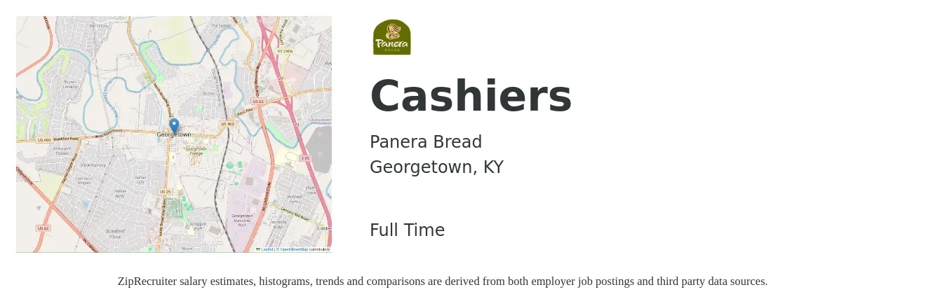 Panera Bread job posting for a Cashiers in Georgetown, KY with a salary of $10 to $14 Hourly with a map of Georgetown location.