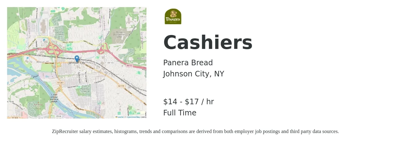 Panera Bread job posting for a Cashiers in Johnson City, NY with a salary of $15 to $18 Hourly with a map of Johnson City location.