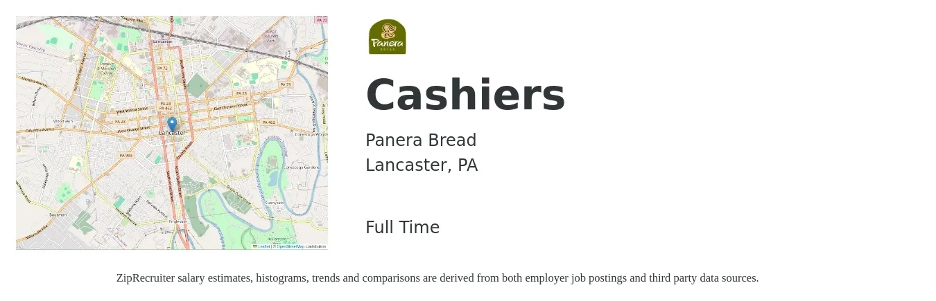 Panera Bread job posting for a Cashiers in Lancaster, PA with a salary of $12 to $16 Hourly with a map of Lancaster location.