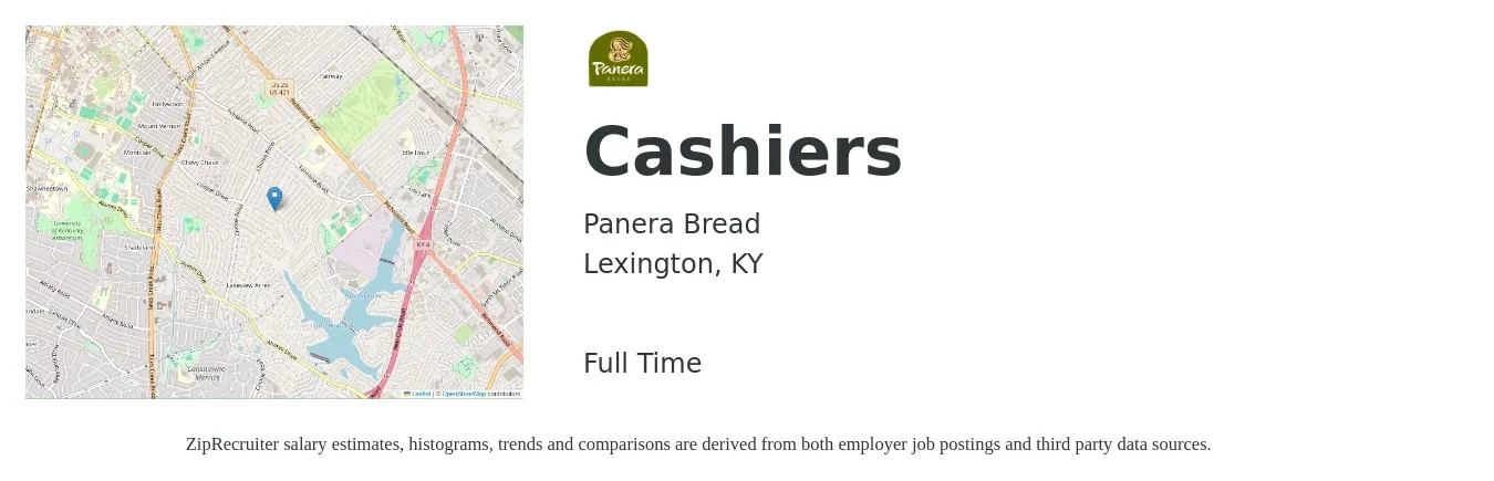 Panera Bread job posting for a Cashiers in Lexington, KY with a salary of $11 to $15 Hourly with a map of Lexington location.