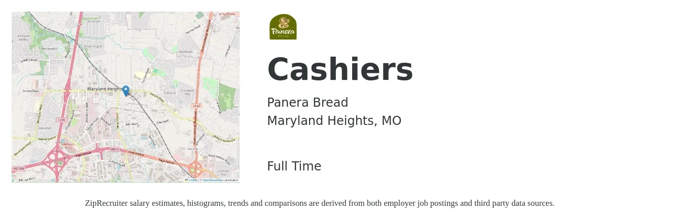 Panera Bread job posting for a Cashiers in Maryland Heights, MO with a salary of $11 to $16 Hourly with a map of Maryland Heights location.