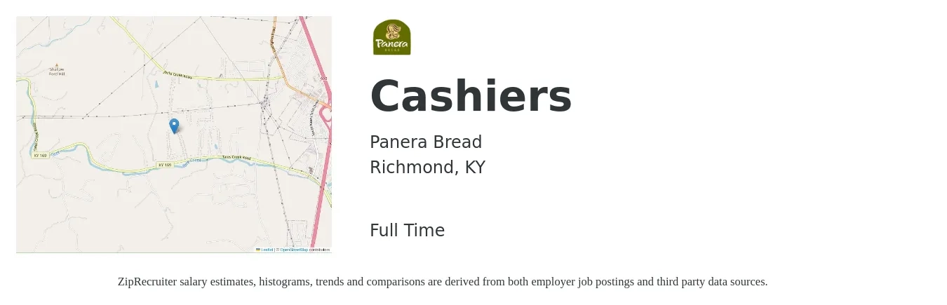 Panera Bread job posting for a Cashiers in Richmond, KY with a salary of $10 to $13 Hourly with a map of Richmond location.
