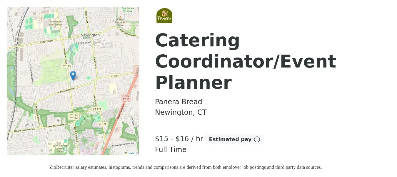 Panera Bread job posting for a Catering Coordinator/Event Planner in Newington, CT with a salary of $16 to $18 Hourly with a map of Newington location.