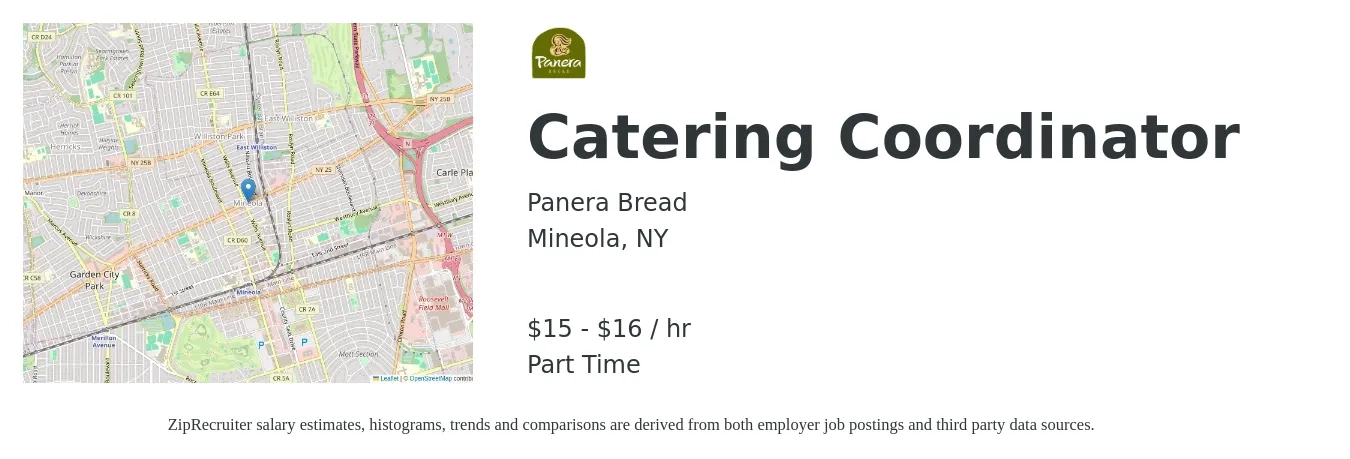 Panera Bread job posting for a Catering Coordinator in Mineola, NY with a salary of $16 to $17 Hourly with a map of Mineola location.