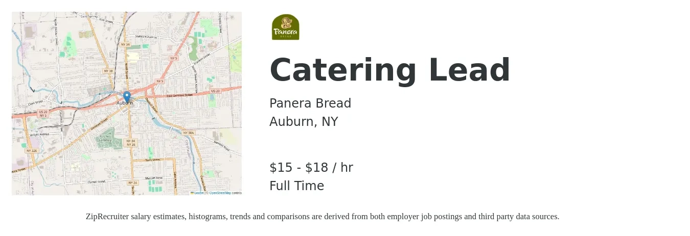 Panera Bread job posting for a Catering Lead in Auburn, NY with a salary of $16 to $19 Hourly with a map of Auburn location.