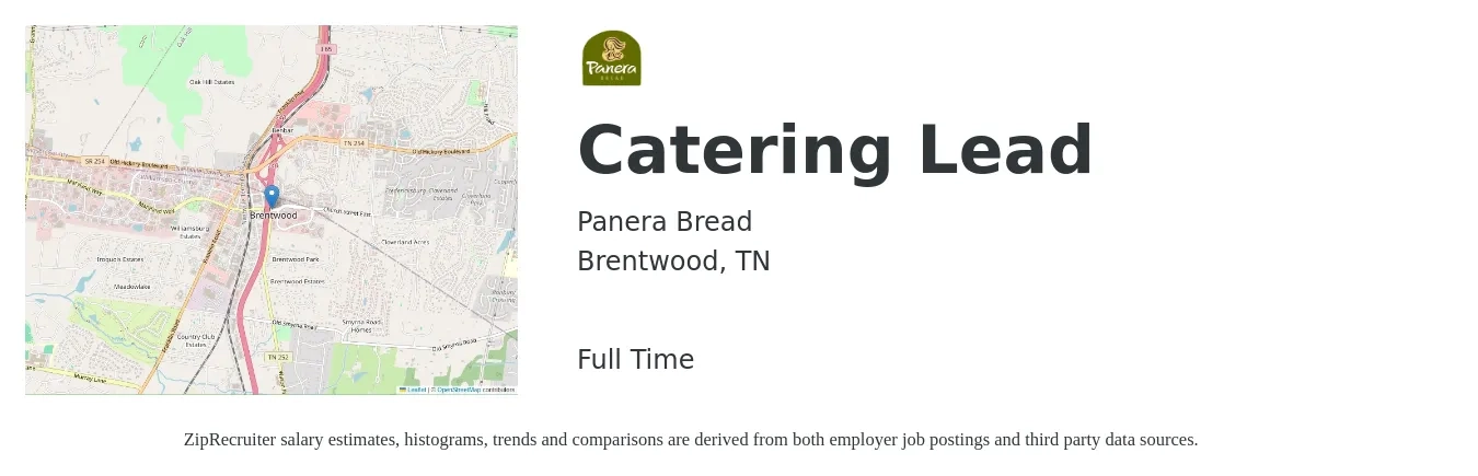 Panera Bread job posting for a Catering Lead in Brentwood, TN with a salary of $16 to $26 Hourly with a map of Brentwood location.