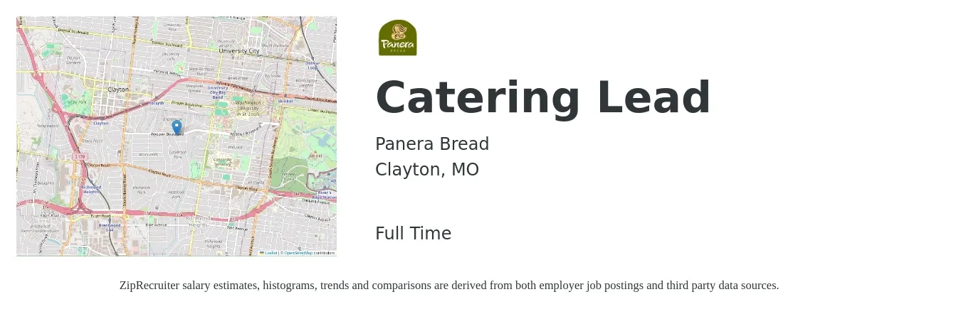 Panera Bread job posting for a Catering Lead in Clayton, MO with a salary of $16 to $26 Hourly with a map of Clayton location.
