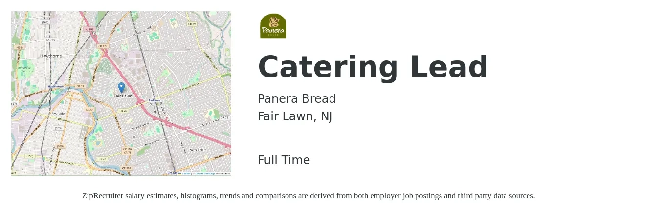 Panera Bread job posting for a Catering Lead in Fair Lawn, NJ with a salary of $17 to $28 Hourly with a map of Fair Lawn location.