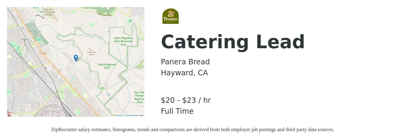 Panera Bread job posting for a Catering Lead in Hayward, CA with a salary of $21 to $24 Hourly with a map of Hayward location.