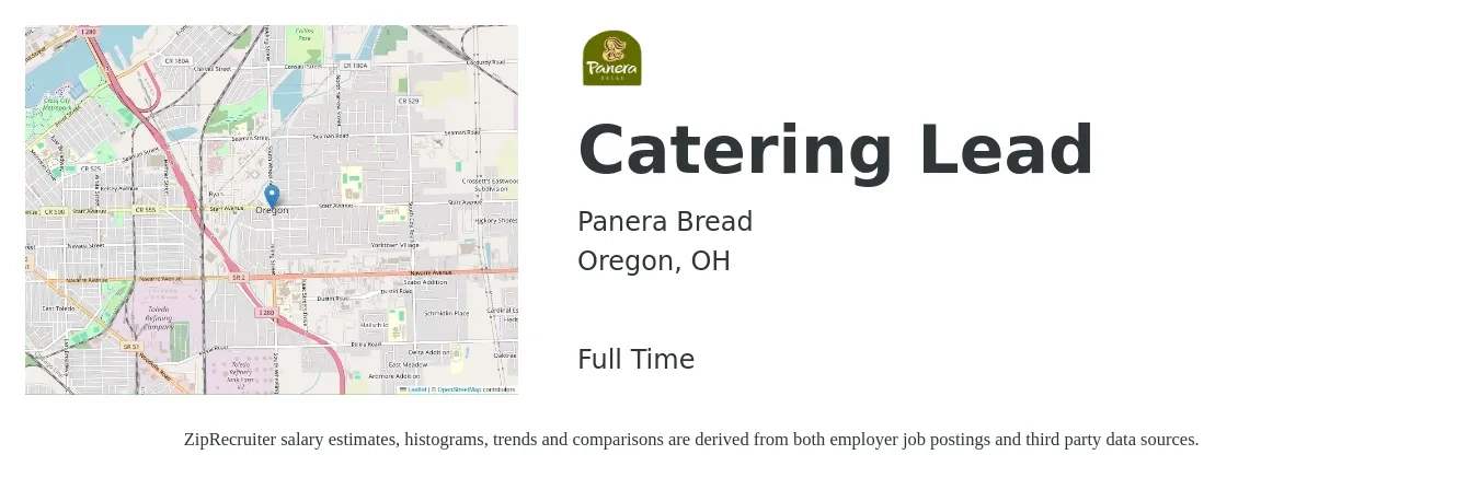 Panera Bread job posting for a Catering Lead in Oregon, OH with a salary of $16 to $27 Hourly with a map of Oregon location.