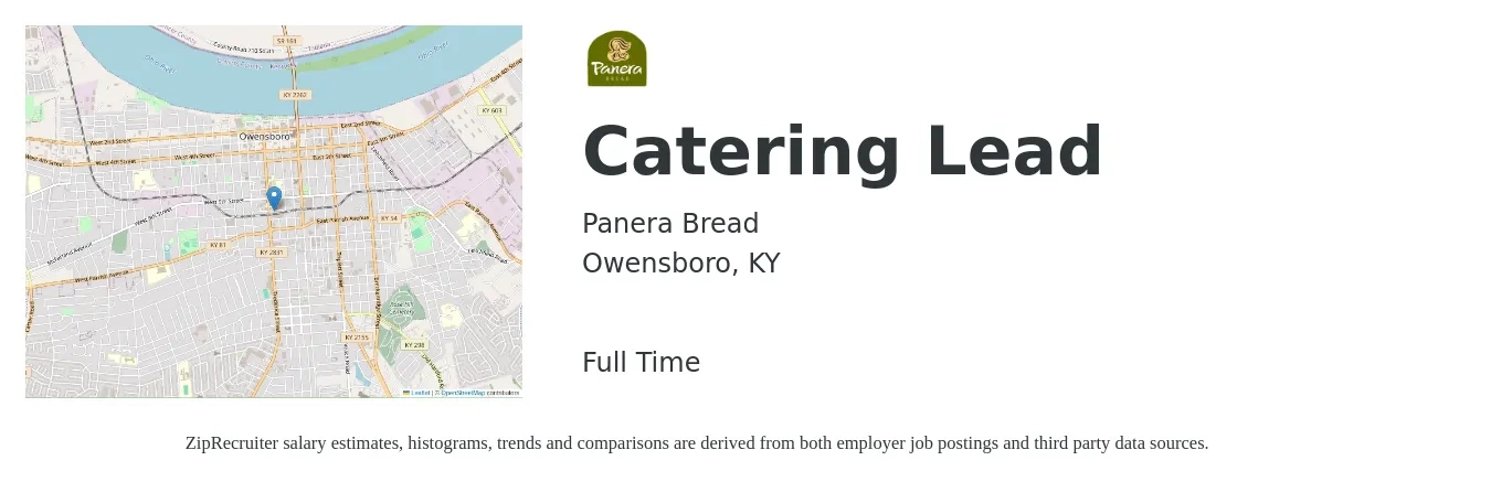 Panera Bread job posting for a Catering Lead in Owensboro, KY with a salary of $16 to $28 Hourly with a map of Owensboro location.