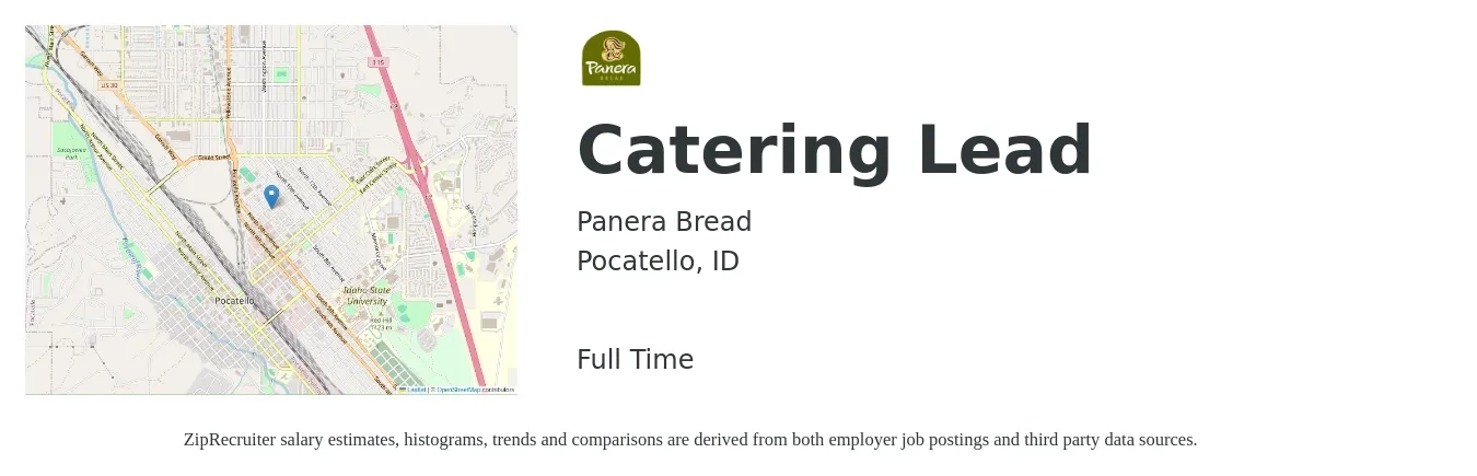 Panera Bread job posting for a Catering Lead in Pocatello, ID with a salary of $16 to $28 Hourly with a map of Pocatello location.