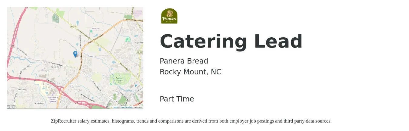 Panera Bread job posting for a Catering Lead in Rocky Mount, NC with a salary of $14 to $24 Hourly with a map of Rocky Mount location.